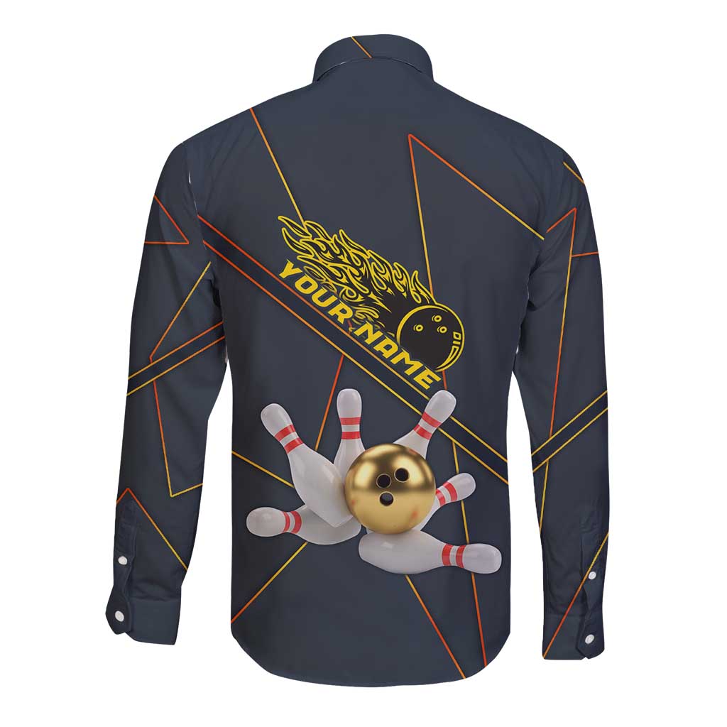 Custom Golden Bowling Shirts For Men, Flame Bowling Long Sleeve Button Shirt with Flaming Bowling Ball Striking Pins And Geometric Line Pattern - Wonder Print Shop