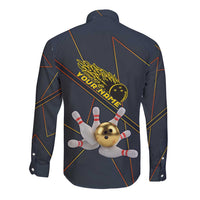 Custom Golden Bowling Shirts For Men, Flame Bowling Long Sleeve Button Shirt with Flaming Bowling Ball Striking Pins And Geometric Line Pattern - Wonder Print Shop