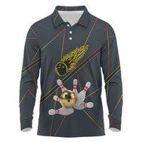 Custom Golden Bowling Shirts For Men, Flame Bowling Long Sleeve Polo Shirt with Flaming Bowling Ball Striking Pins And Geometric Line Pattern - Wonder Print Shop