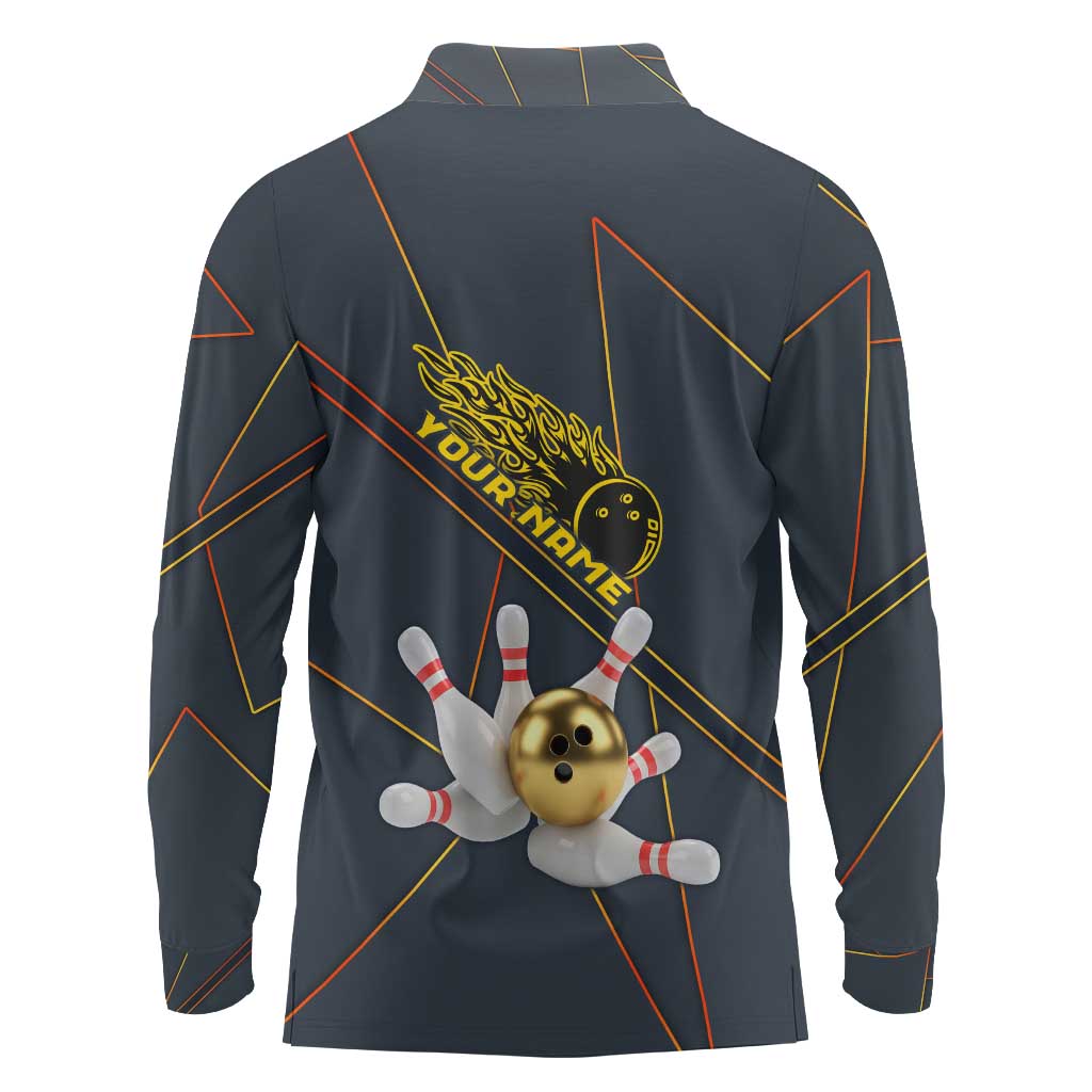 Custom Golden Bowling Shirts For Men, Flame Bowling Long Sleeve Polo Shirt with Flaming Bowling Ball Striking Pins And Geometric Line Pattern - Wonder Print Shop