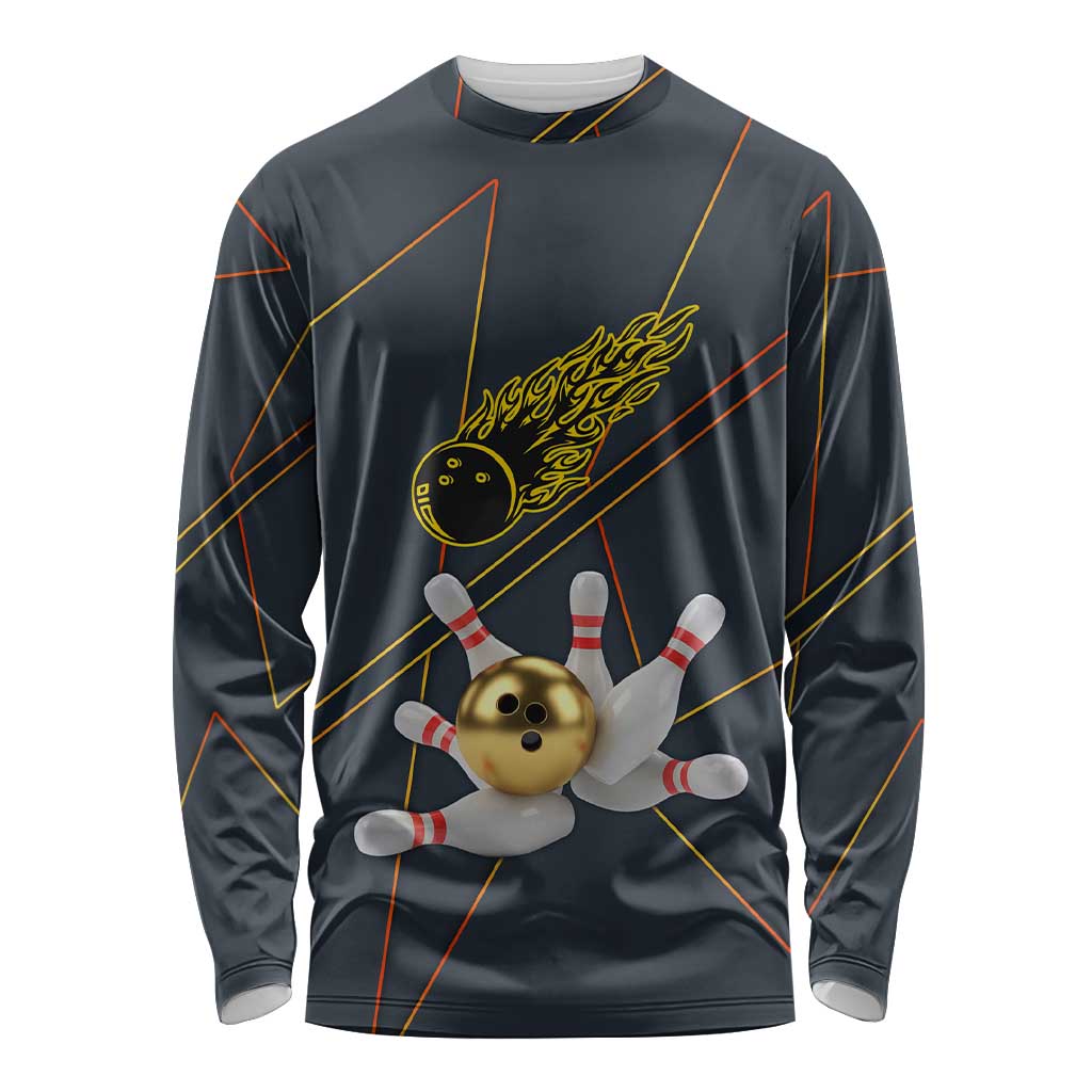 Custom Golden Bowling Shirts For Men, Flame Bowling Long Sleeve Shirt with Flaming Bowling Ball Striking Pins And Geometric Line Pattern - Wonder Print Shop
