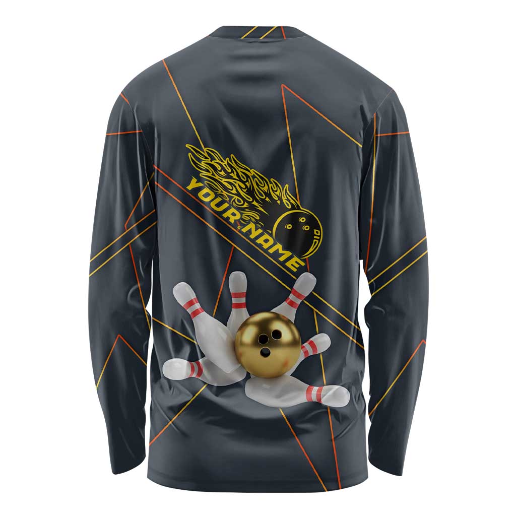 Custom Golden Bowling Shirts For Men, Flame Bowling Long Sleeve Shirt with Flaming Bowling Ball Striking Pins And Geometric Line Pattern - Wonder Print Shop
