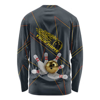 Custom Golden Bowling Shirts For Men, Flame Bowling Long Sleeve Shirt with Flaming Bowling Ball Striking Pins And Geometric Line Pattern - Wonder Print Shop