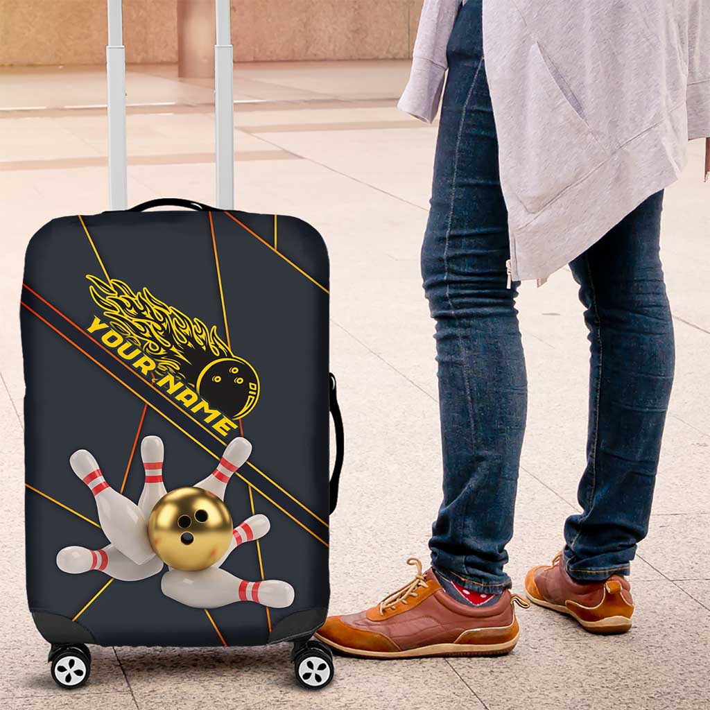 Custom Golden Bowling Shirts For Men, Flame Bowling Luggage Cover with Flaming Bowling Ball Striking Pins And Geometric Line Pattern - Wonder Print Shop