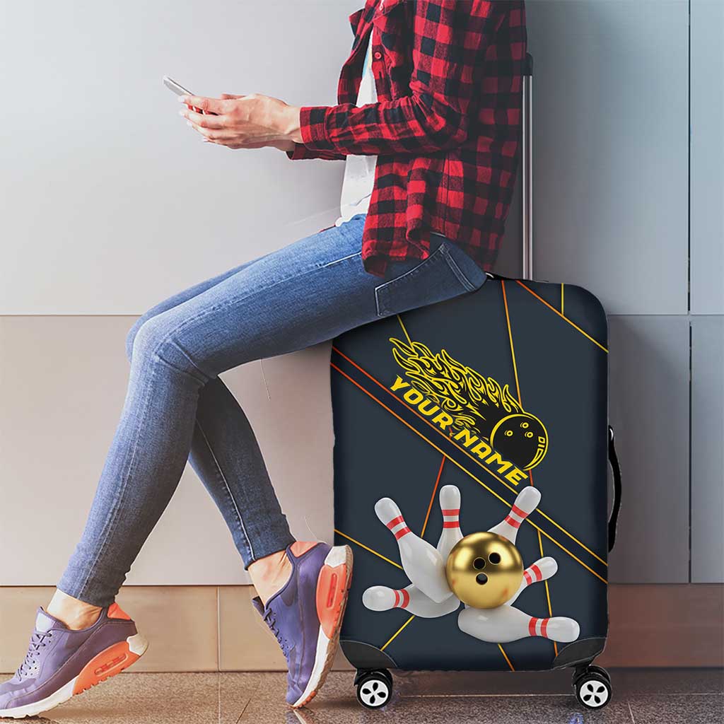 Custom Golden Bowling Shirts For Men, Flame Bowling Luggage Cover with Flaming Bowling Ball Striking Pins And Geometric Line Pattern - Wonder Print Shop
