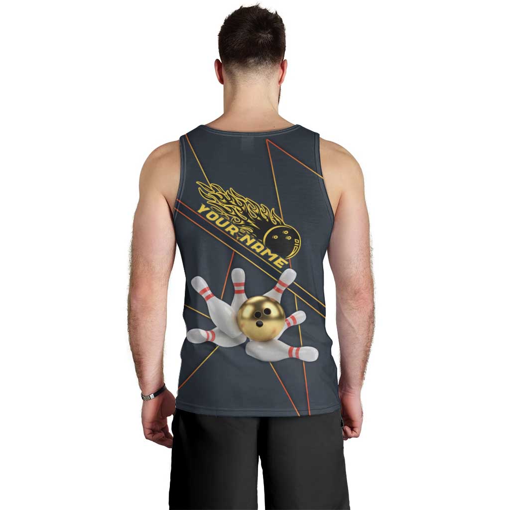 Custom Golden Bowling Shirts For Men, Flame Bowling Men Tank Top with Flaming Bowling Ball Striking Pins And Geometric Line Pattern - Wonder Print Shop