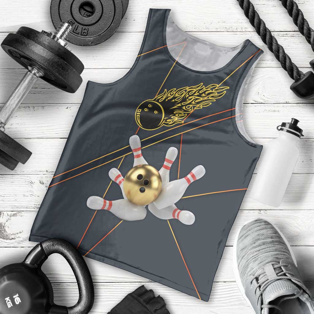 Custom Golden Bowling Shirts For Men, Flame Bowling Men Tank Top with Flaming Bowling Ball Striking Pins And Geometric Line Pattern - Wonder Print Shop