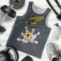 Custom Golden Bowling Shirts For Men, Flame Bowling Men Tank Top with Flaming Bowling Ball Striking Pins And Geometric Line Pattern - Wonder Print Shop