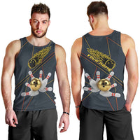 Custom Golden Bowling Shirts For Men, Flame Bowling Men Tank Top with Flaming Bowling Ball Striking Pins And Geometric Line Pattern - Wonder Print Shop