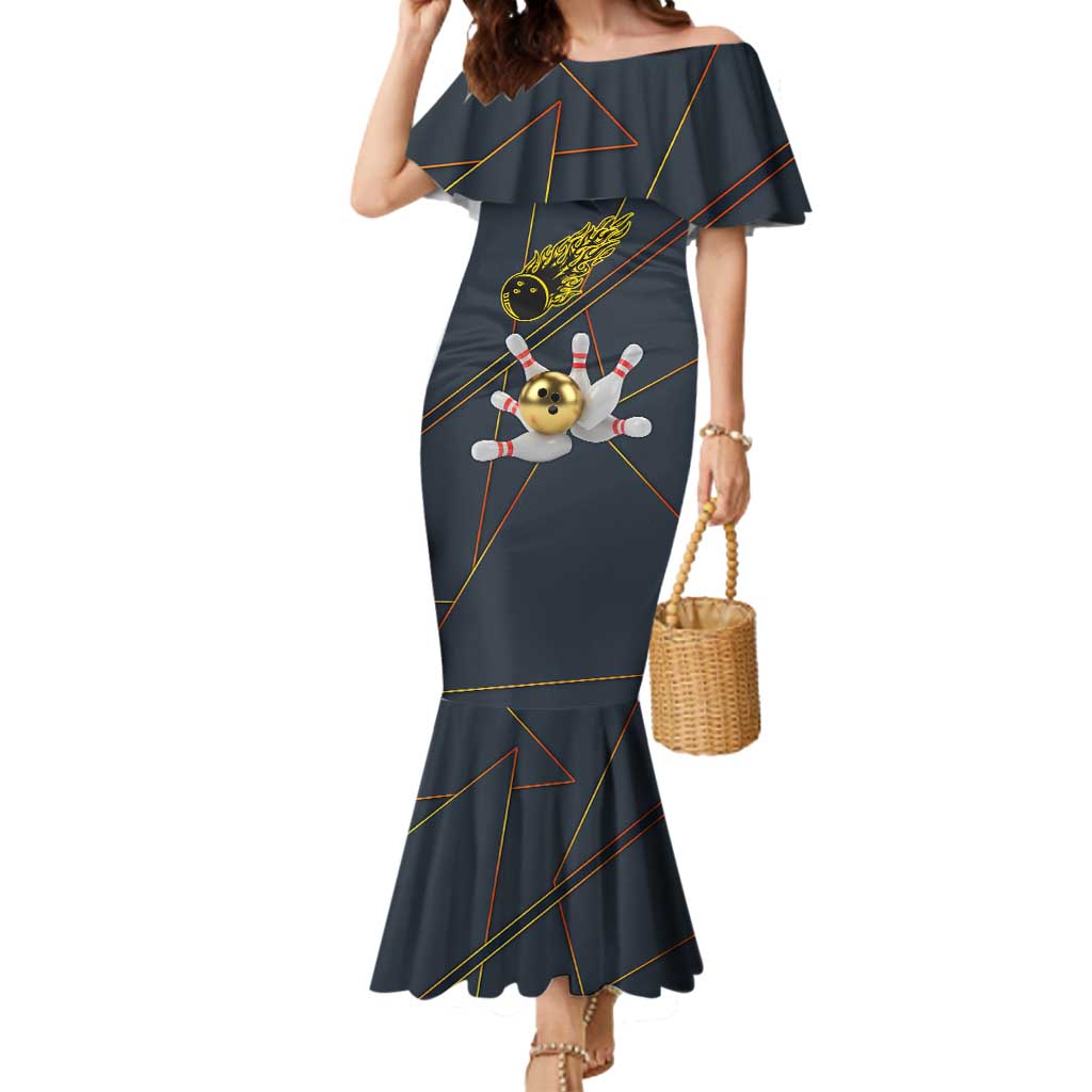 Custom Golden Bowling Shirts For Men, Flame Bowling Mermaid Dress with Flaming Bowling Ball Striking Pins And Geometric Line Pattern - Wonder Print Shop