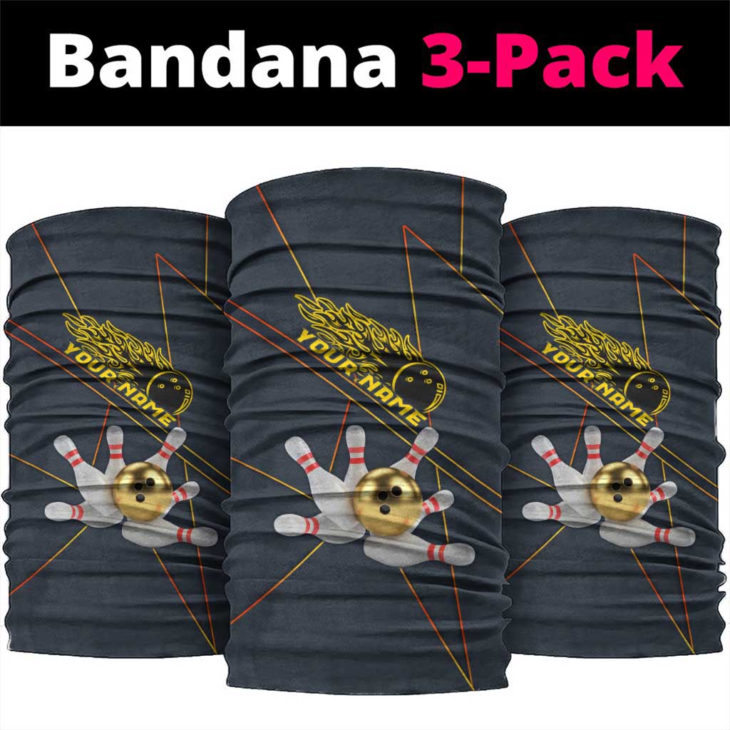 Custom Golden Bowling Shirts For Men, Flame Bowling Neck Gaiter with Flaming Bowling Ball Striking Pins And Geometric Line Pattern - Wonder Print Shop