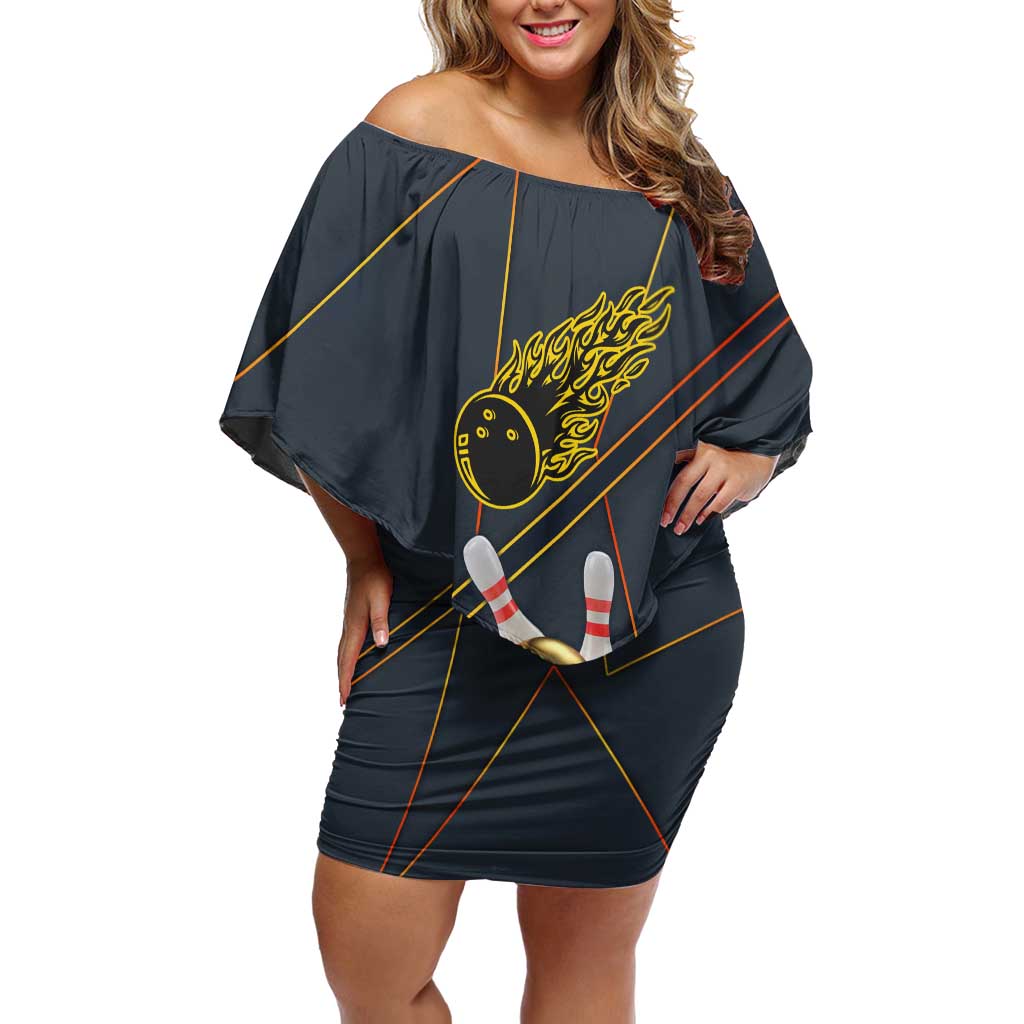 Custom Golden Bowling Shirts For Men, Flame Bowling Off Shoulder Short Dress with Flaming Bowling Ball Striking Pins And Geometric Line Pattern - Wonder Print Shop