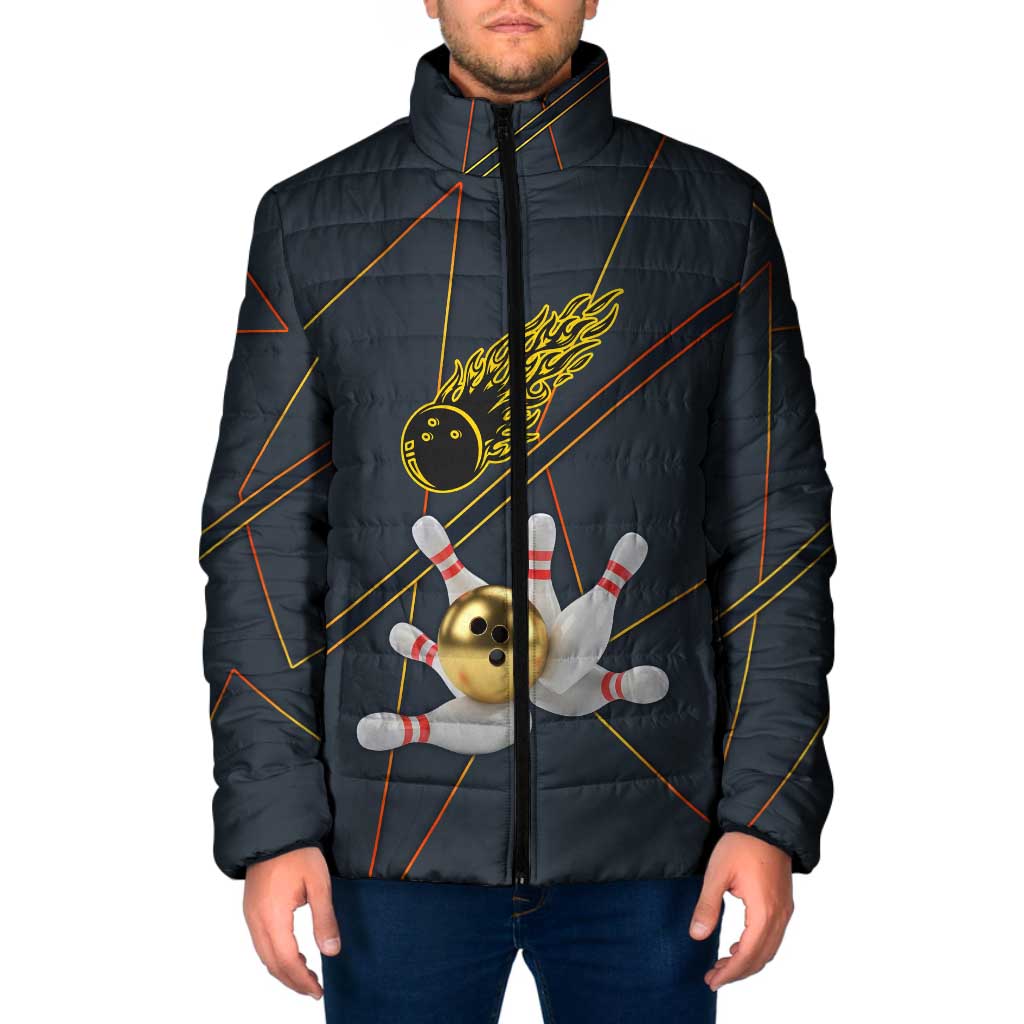 Custom Golden Bowling Shirts For Men, Flame Bowling Padded Jacket with Flaming Bowling Ball Striking Pins And Geometric Line Pattern - Wonder Print Shop