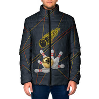 Custom Golden Bowling Shirts For Men, Flame Bowling Padded Jacket with Flaming Bowling Ball Striking Pins And Geometric Line Pattern - Wonder Print Shop