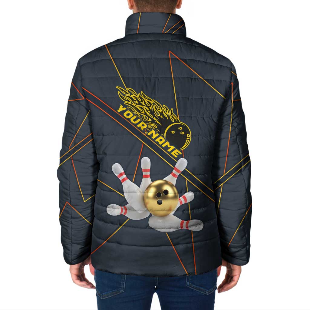 Custom Golden Bowling Shirts For Men, Flame Bowling Padded Jacket with Flaming Bowling Ball Striking Pins And Geometric Line Pattern - Wonder Print Shop