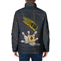Custom Golden Bowling Shirts For Men, Flame Bowling Padded Jacket with Flaming Bowling Ball Striking Pins And Geometric Line Pattern - Wonder Print Shop