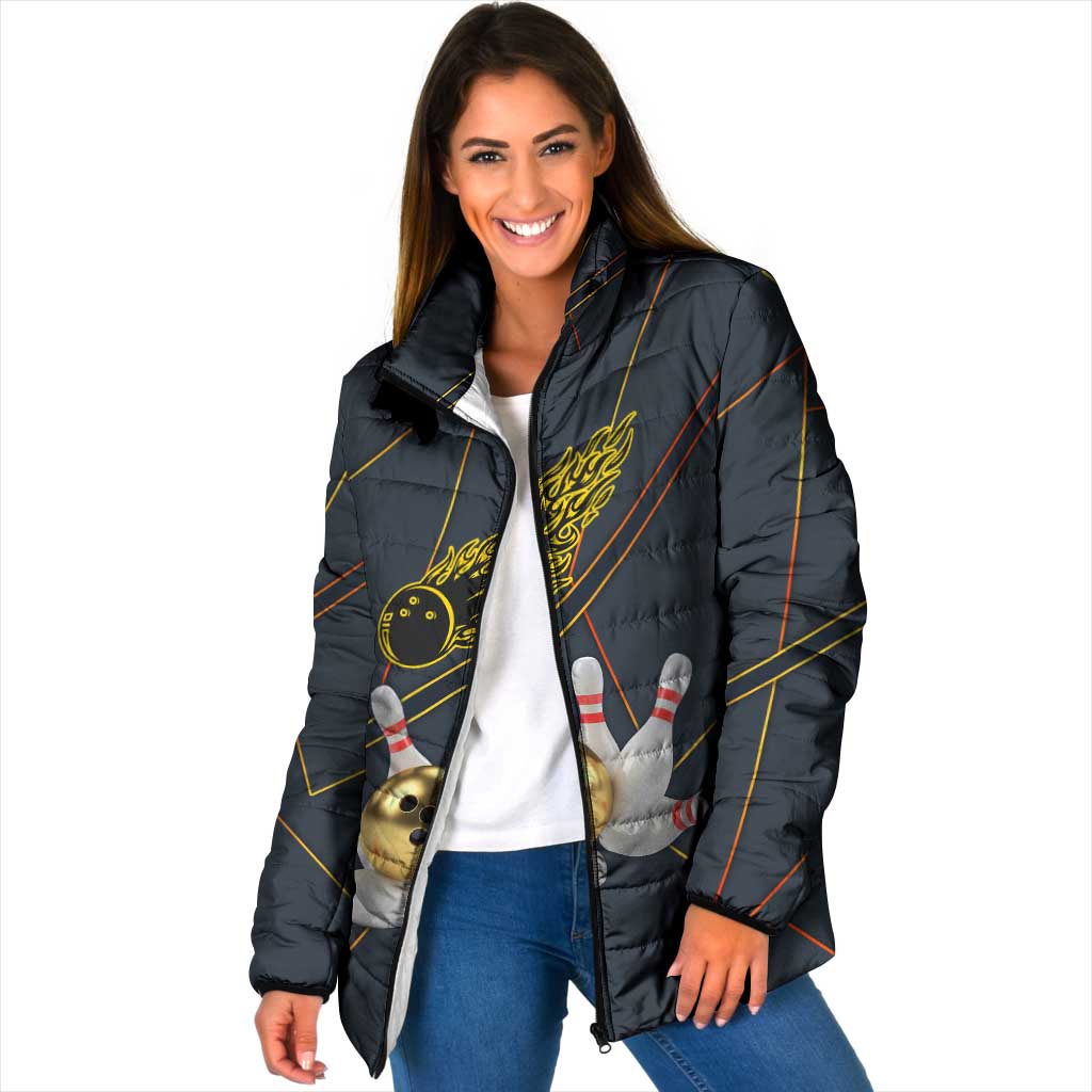 Custom Golden Bowling Shirts For Men, Flame Bowling Padded Jacket with Flaming Bowling Ball Striking Pins And Geometric Line Pattern - Wonder Print Shop
