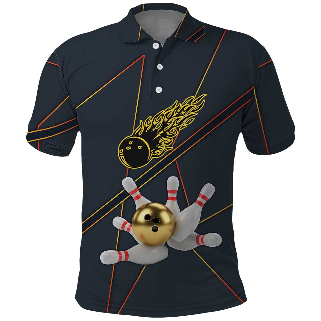 Custom Golden Bowling Shirts For Men, Flame Bowling Polo Shirt with Flaming Bowling Ball Striking Pins And Geometric Line Pattern - Wonder Print Shop
