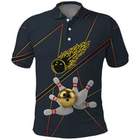 Custom Golden Bowling Shirts For Men, Flame Bowling Polo Shirt with Flaming Bowling Ball Striking Pins And Geometric Line Pattern - Wonder Print Shop