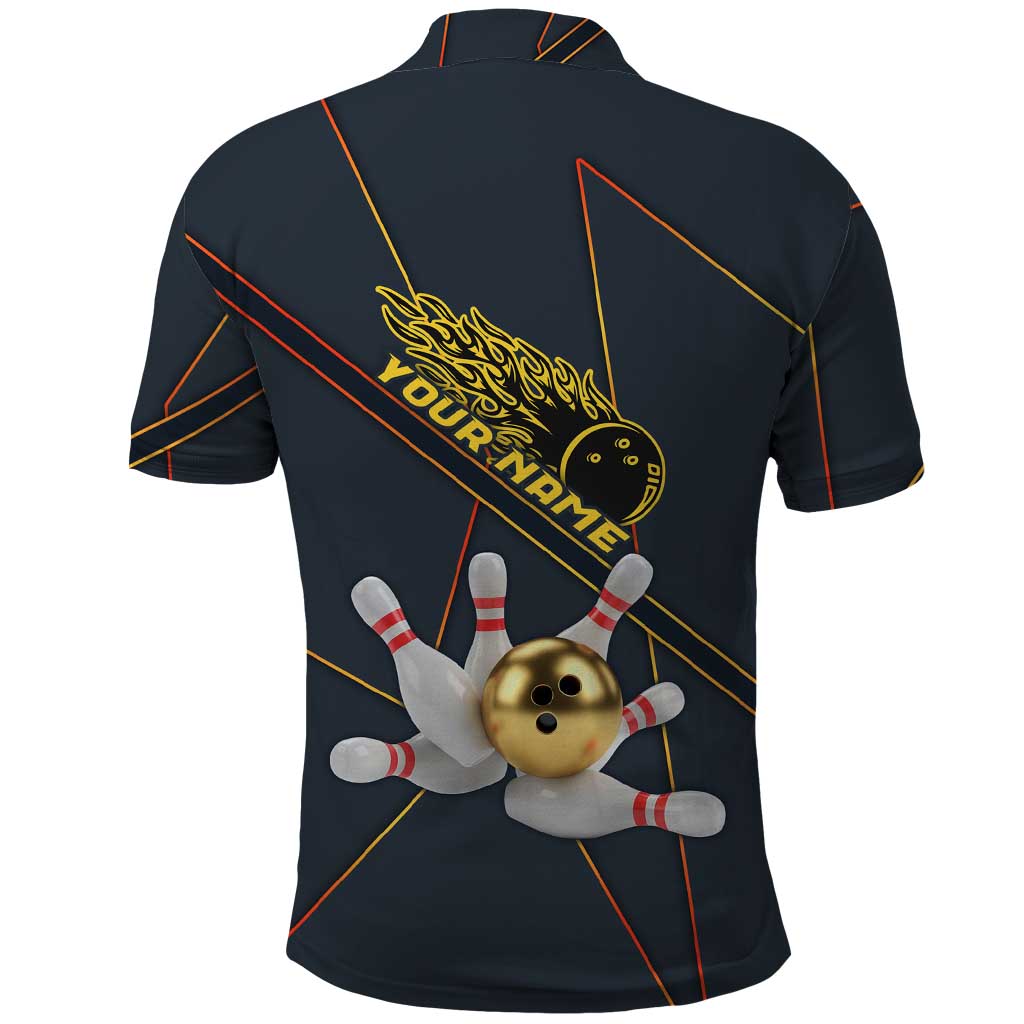 Custom Golden Bowling Shirts For Men, Flame Bowling Polo Shirt with Flaming Bowling Ball Striking Pins And Geometric Line Pattern - Wonder Print Shop