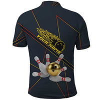 Custom Golden Bowling Shirts For Men, Flame Bowling Polo Shirt with Flaming Bowling Ball Striking Pins And Geometric Line Pattern - Wonder Print Shop