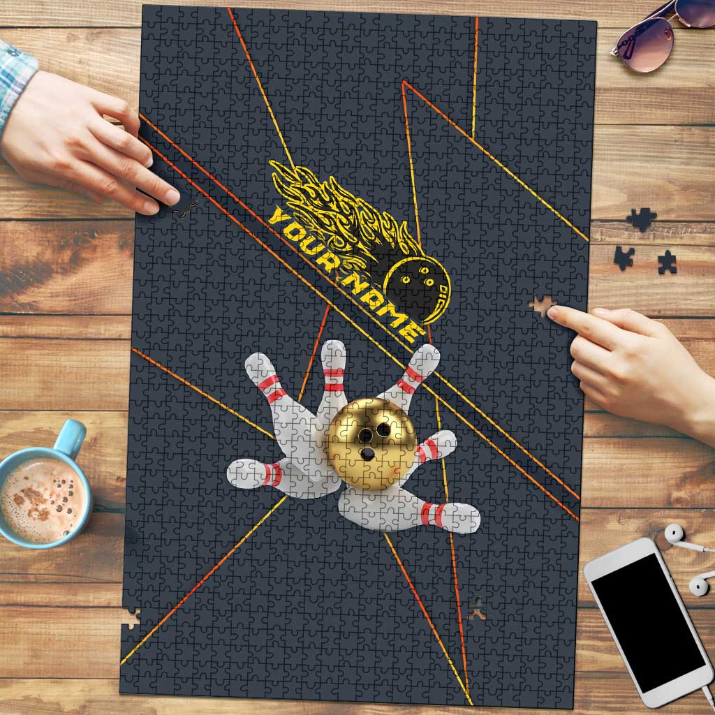 Custom Golden Bowling Shirts For Men, Flame Bowling Puzzle with Flaming Bowling Ball Striking Pins And Geometric Line Pattern - Wonder Print Shop