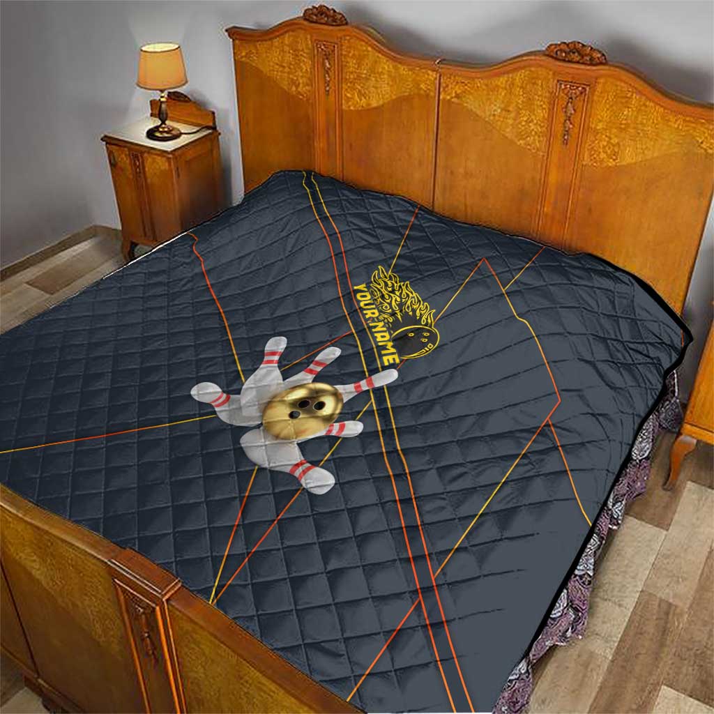 Custom Golden Bowling Shirts For Men, Flame Bowling Quilt with Flaming Bowling Ball Striking Pins And Geometric Line Pattern - Wonder Print Shop