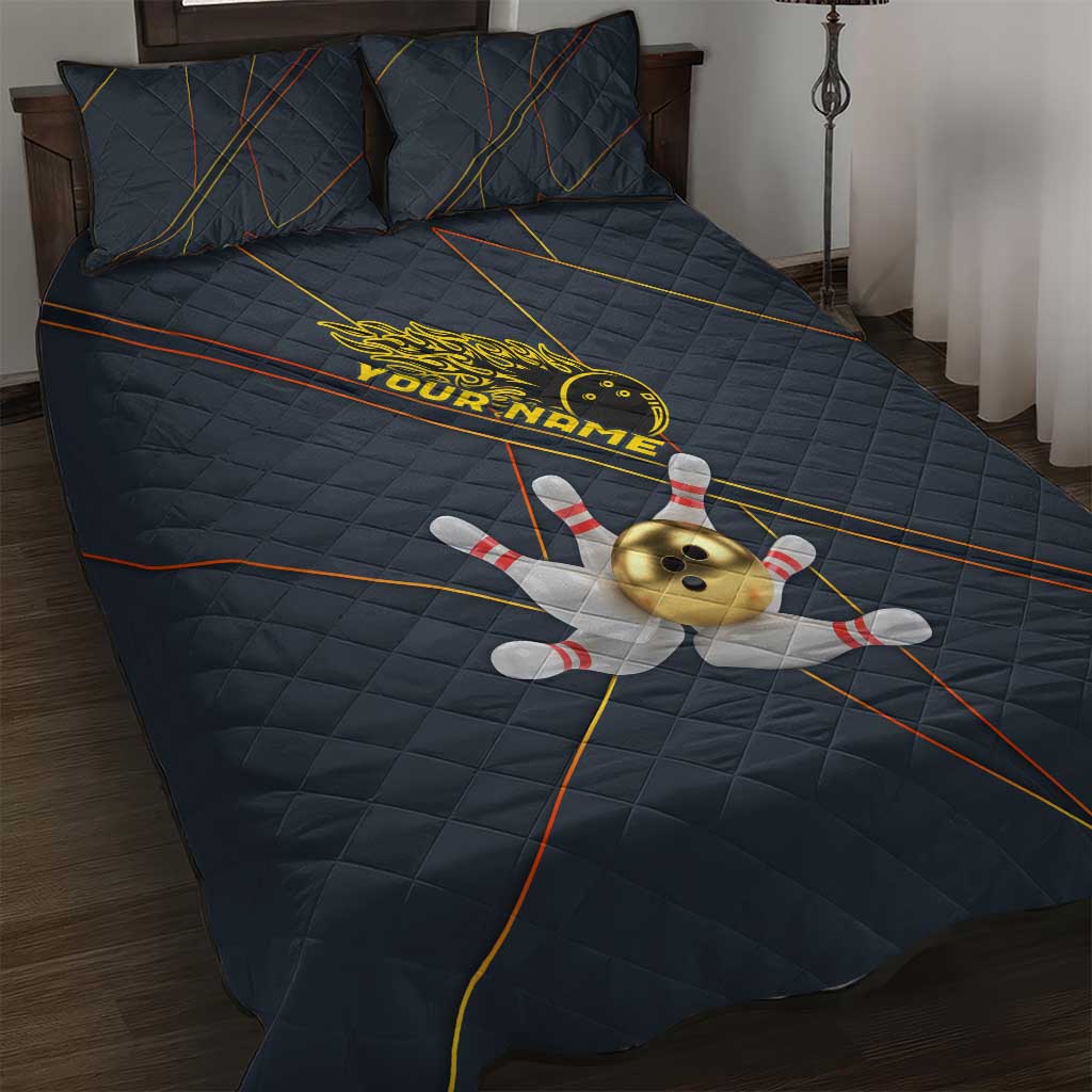 Custom Golden Bowling Shirts For Men, Flame Bowling Quilt Bed Set with Flaming Bowling Ball Striking Pins And Geometric Line Pattern - Wonder Print Shop