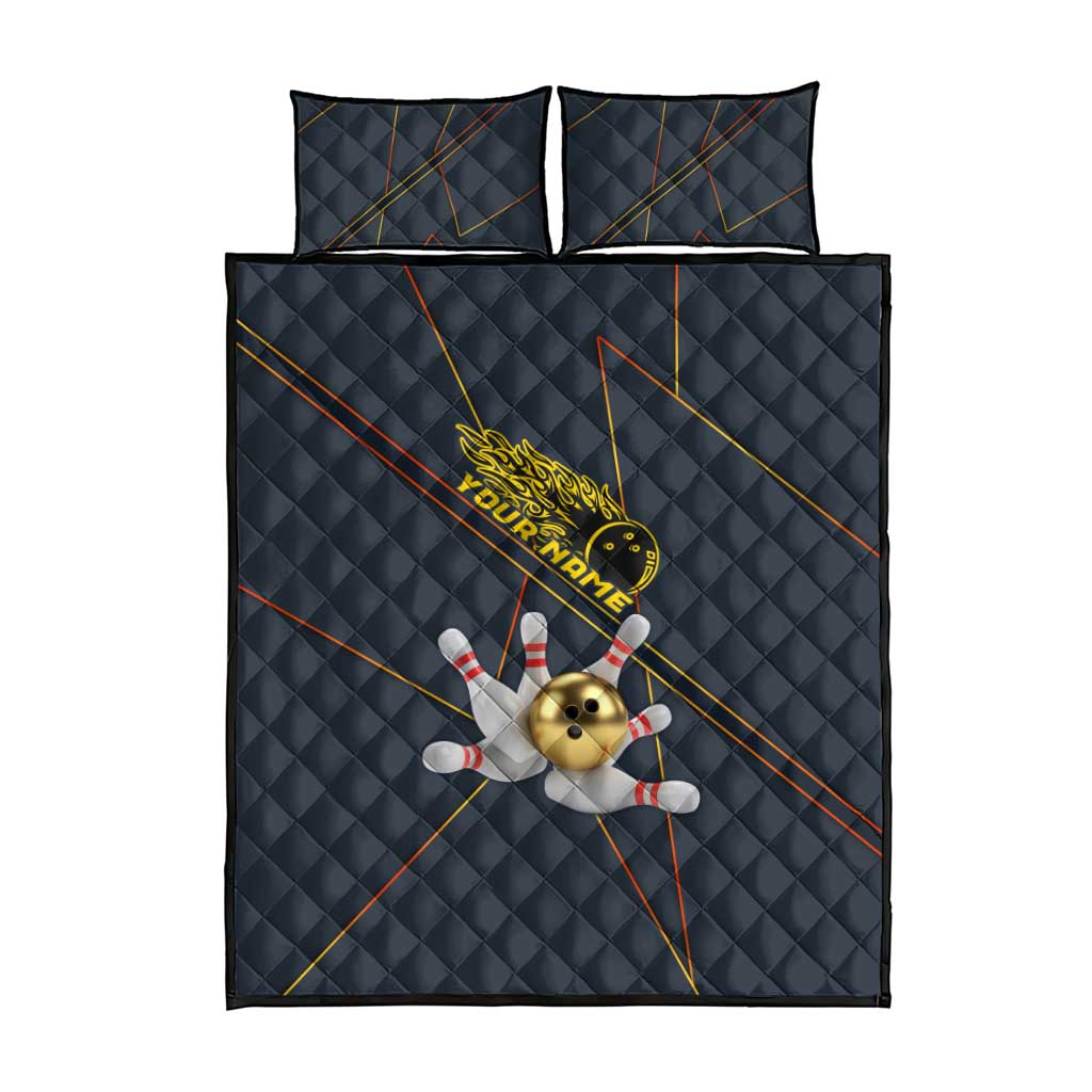 Custom Golden Bowling Shirts For Men, Flame Bowling Quilt Bed Set with Flaming Bowling Ball Striking Pins And Geometric Line Pattern - Wonder Print Shop