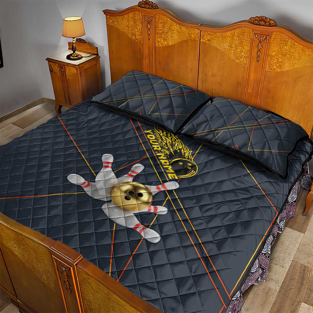 Custom Golden Bowling Shirts For Men, Flame Bowling Quilt Bed Set with Flaming Bowling Ball Striking Pins And Geometric Line Pattern - Wonder Print Shop