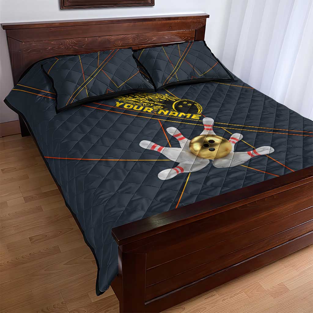 Custom Golden Bowling Shirts For Men, Flame Bowling Quilt Bed Set with Flaming Bowling Ball Striking Pins And Geometric Line Pattern - Wonder Print Shop