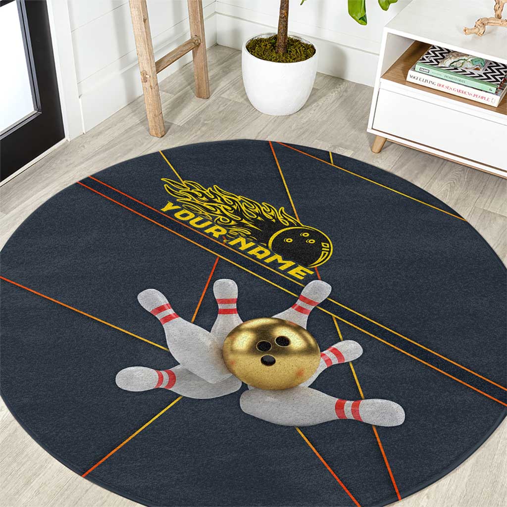 Custom Golden Bowling Shirts For Men, Flame Bowling Round Carpet with Flaming Bowling Ball Striking Pins And Geometric Line Pattern - Wonder Print Shop