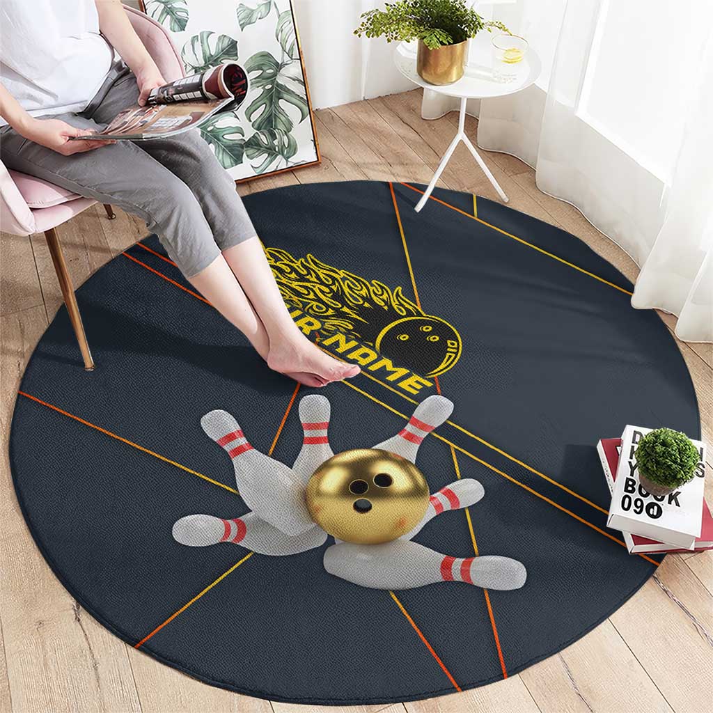 Custom Golden Bowling Shirts For Men, Flame Bowling Round Carpet with Flaming Bowling Ball Striking Pins And Geometric Line Pattern - Wonder Print Shop