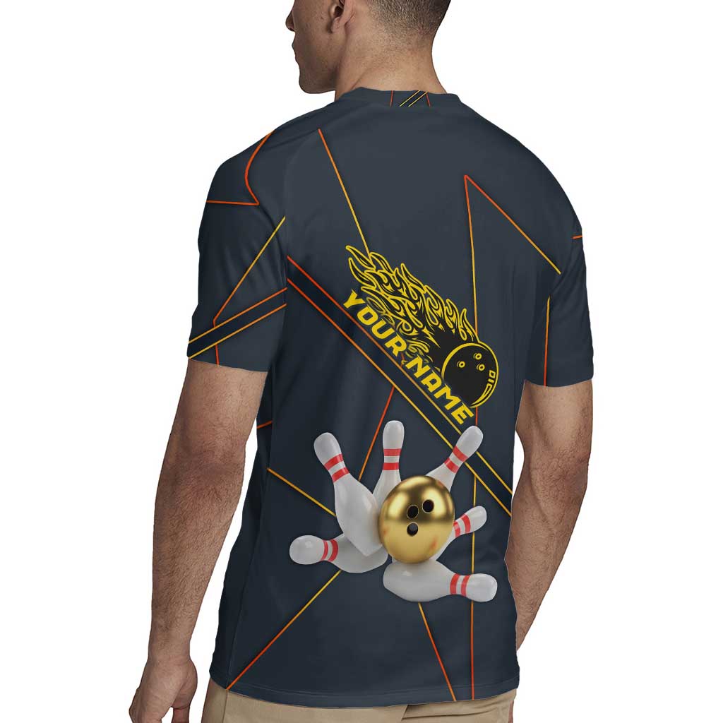 Custom Golden Bowling Shirts For Men, Flame Bowling Rugby Jersey with Flaming Bowling Ball Striking Pins And Geometric Line Pattern - Wonder Print Shop