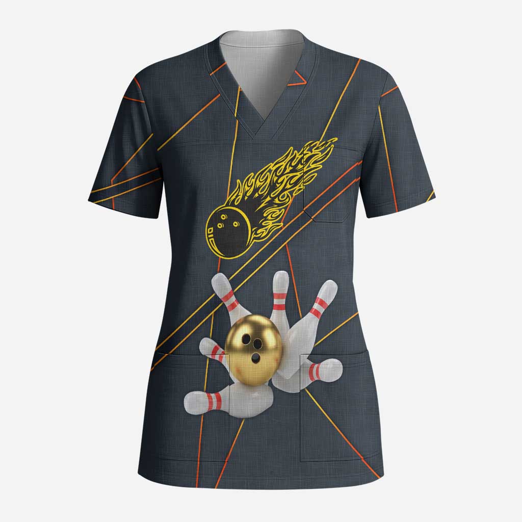 Custom Golden Bowling Shirts For Men, Flame Bowling Scrub Top with Flaming Bowling Ball Striking Pins And Geometric Line Pattern - Wonder Print Shop