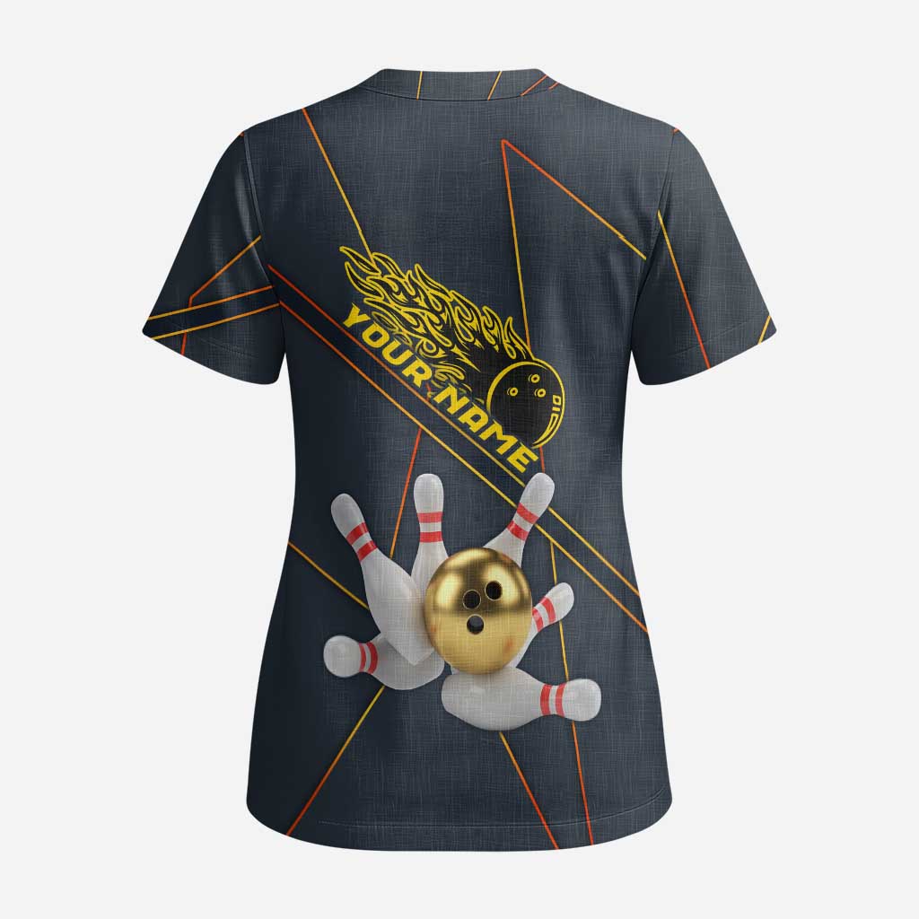 Custom Golden Bowling Shirts For Men, Flame Bowling Scrub Top with Flaming Bowling Ball Striking Pins And Geometric Line Pattern - Wonder Print Shop