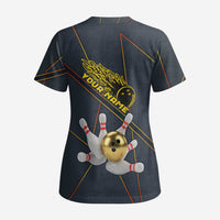 Custom Golden Bowling Shirts For Men, Flame Bowling Scrub Top with Flaming Bowling Ball Striking Pins And Geometric Line Pattern - Wonder Print Shop