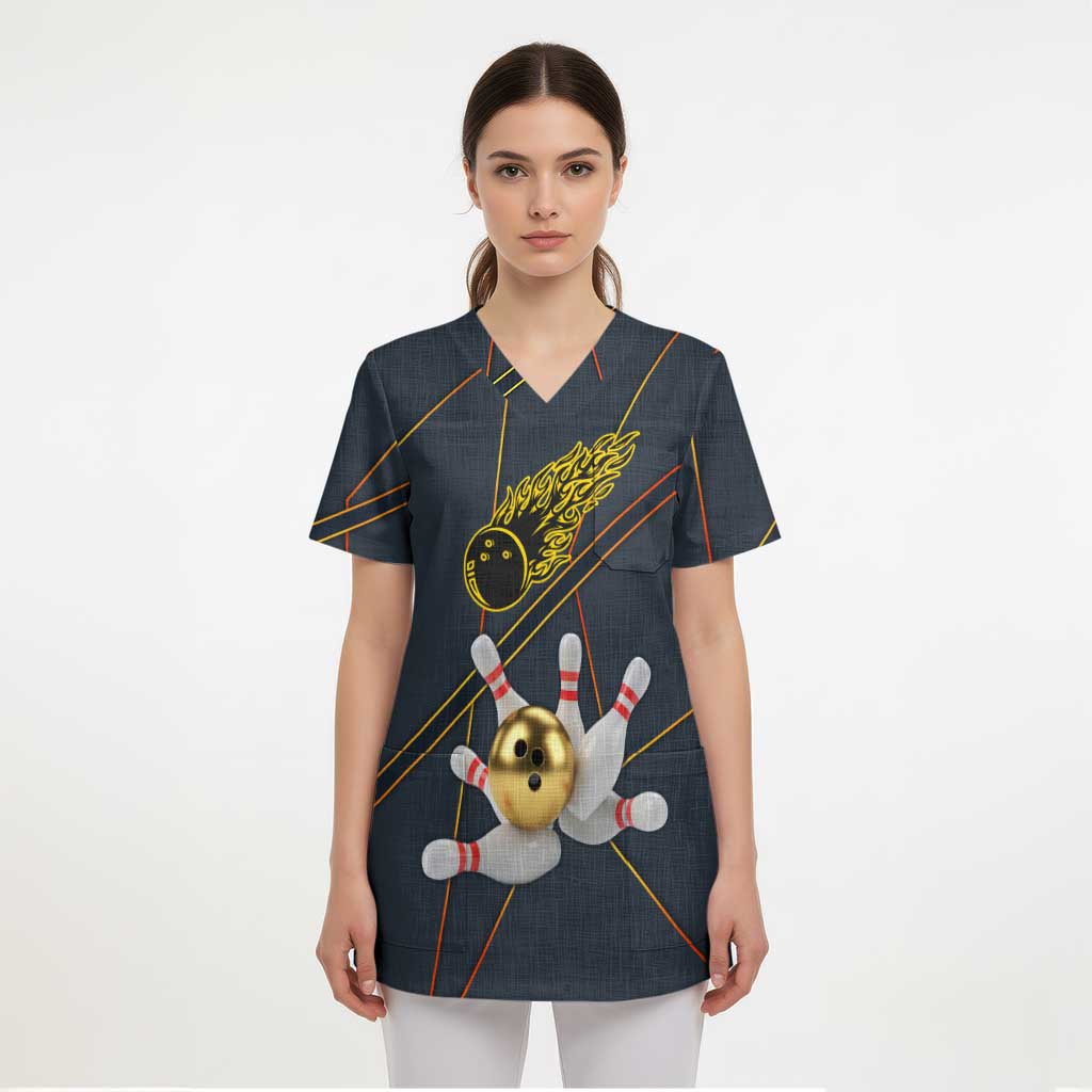 Custom Golden Bowling Shirts For Men, Flame Bowling Scrub Top with Flaming Bowling Ball Striking Pins And Geometric Line Pattern - Wonder Print Shop