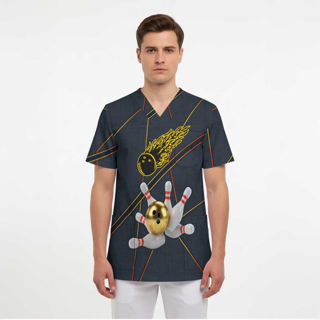 Custom Golden Bowling Shirts For Men, Flame Bowling Scrub Top with Flaming Bowling Ball Striking Pins And Geometric Line Pattern - Wonder Print Shop