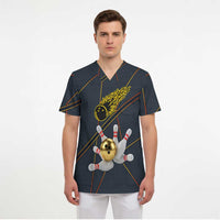 Custom Golden Bowling Shirts For Men, Flame Bowling Scrub Top with Flaming Bowling Ball Striking Pins And Geometric Line Pattern - Wonder Print Shop