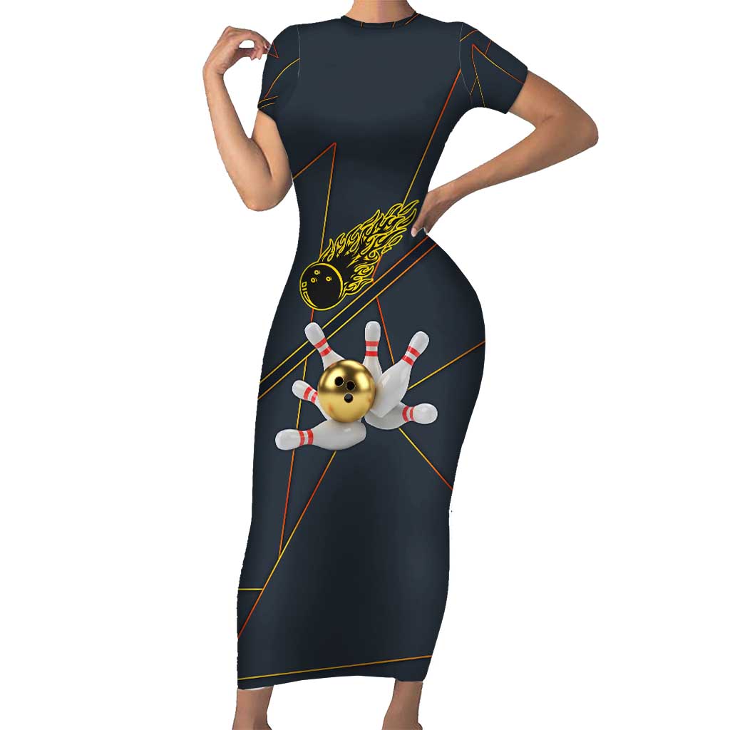 Custom Golden Bowling Shirts For Men, Flame Bowling Short Sleeve Bodycon Dress with Flaming Bowling Ball Striking Pins And Geometric Line Pattern - Wonder Print Shop