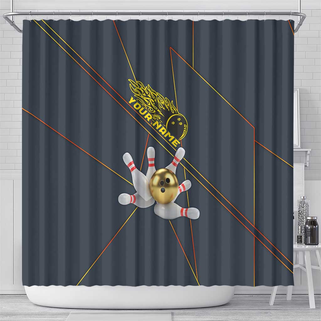 Custom Golden Bowling Shirts For Men, Flame Bowling Shower Curtain with Flaming Bowling Ball Striking Pins And Geometric Line Pattern - Wonder Print Shop