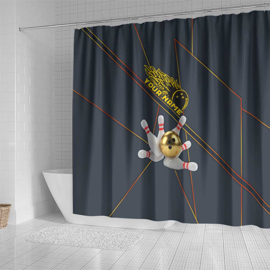 Custom Golden Bowling Shirts For Men, Flame Bowling Shower Curtain with Flaming Bowling Ball Striking Pins And Geometric Line Pattern - Wonder Print Shop