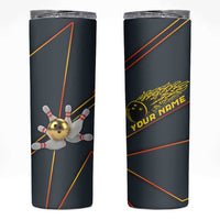Custom Golden Bowling Shirts For Men, Flame Bowling Skinny Tumbler with Flaming Bowling Ball Striking Pins And Geometric Line Pattern - Wonder Print Shop