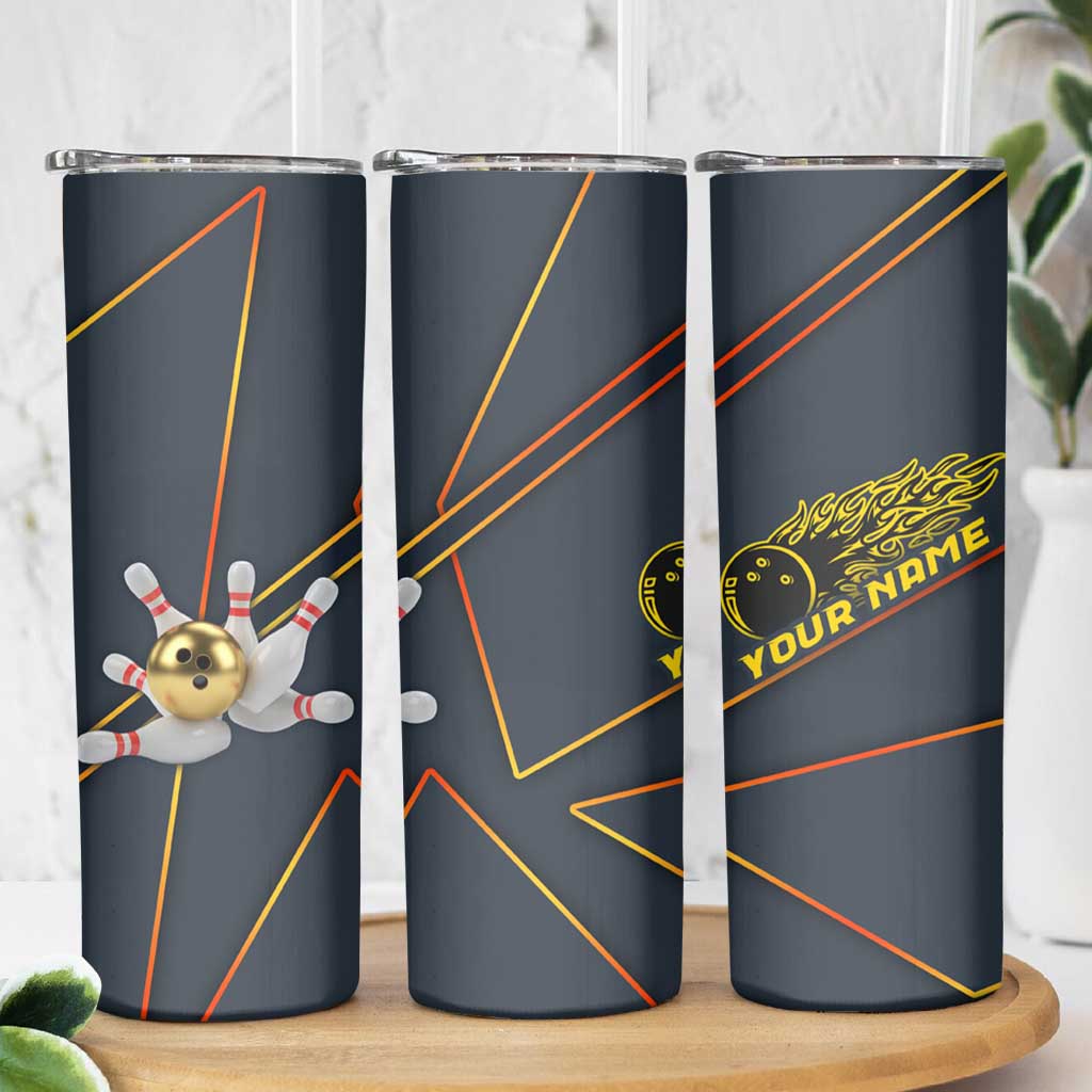 Custom Golden Bowling Shirts For Men, Flame Bowling Skinny Tumbler with Flaming Bowling Ball Striking Pins And Geometric Line Pattern - Wonder Print Shop