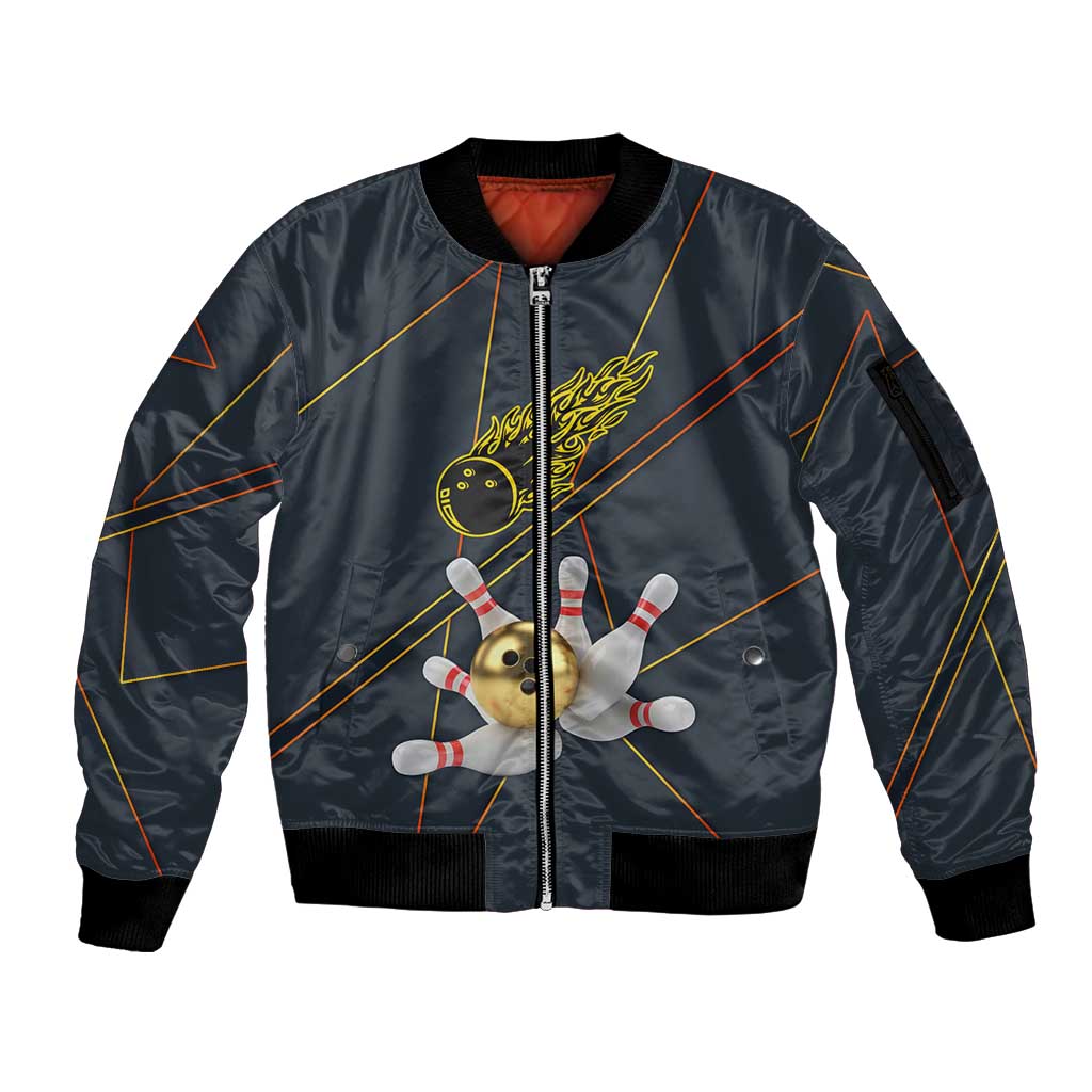 Custom Golden Bowling Shirts For Men, Flame Bowling Sleeve Zip Bomber Jacket with Flaming Bowling Ball Striking Pins And Geometric Line Pattern - Wonder Print Shop