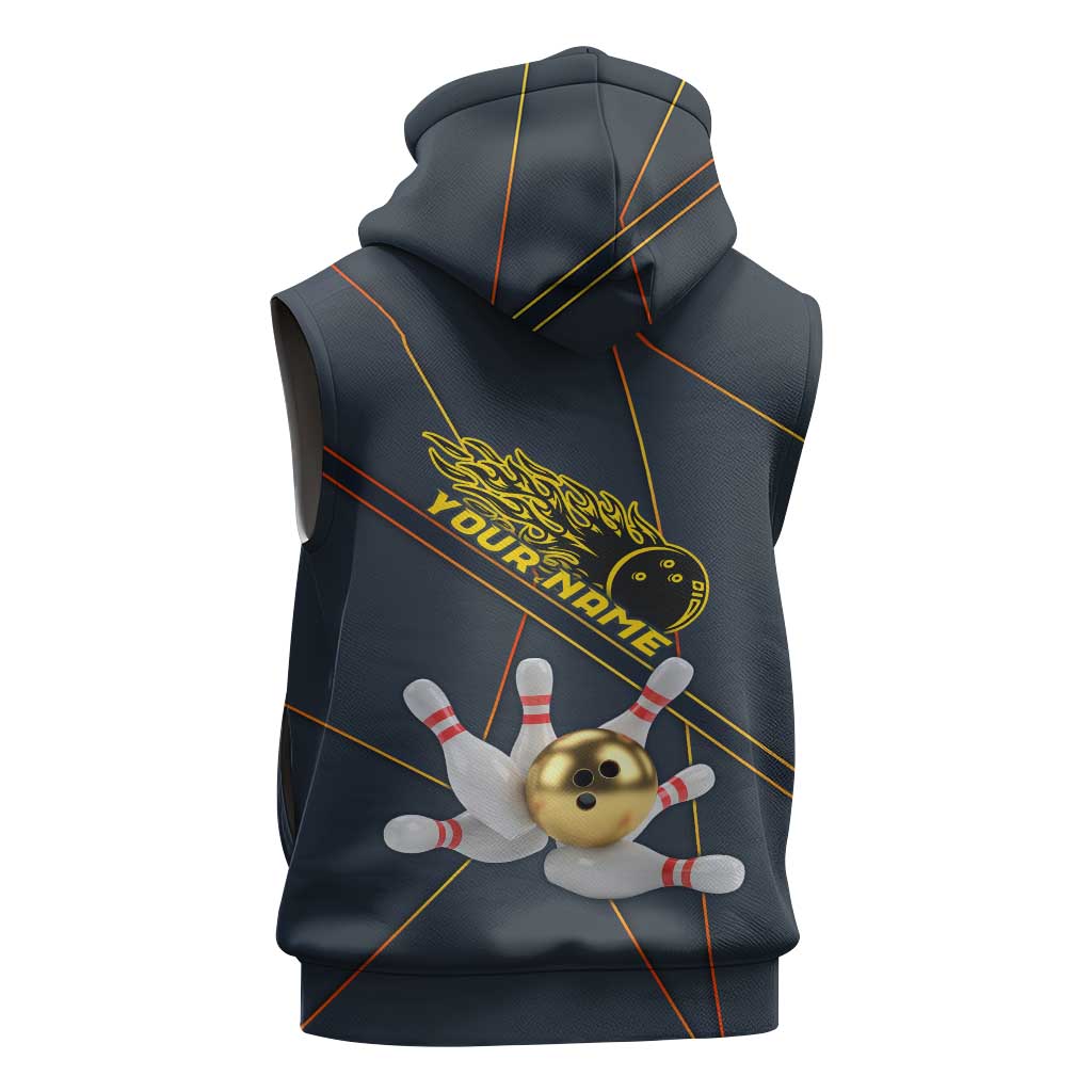 Custom Golden Bowling Shirts For Men, Flame Bowling Sleeveless Hoodie with Flaming Bowling Ball Striking Pins And Geometric Line Pattern - Wonder Print Shop