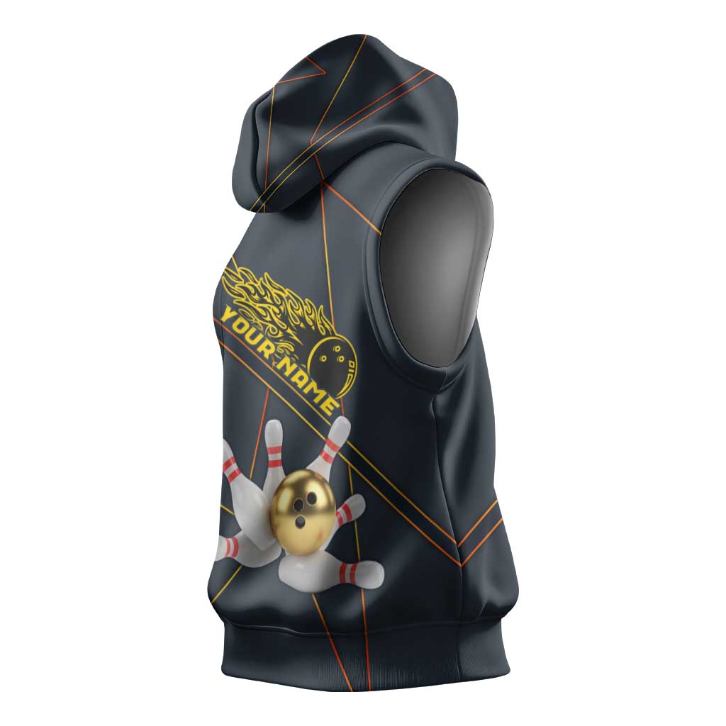 Custom Golden Bowling Shirts For Men, Flame Bowling Sleeveless Hoodie with Flaming Bowling Ball Striking Pins And Geometric Line Pattern - Wonder Print Shop