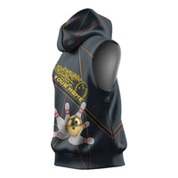 Custom Golden Bowling Shirts For Men, Flame Bowling Sleeveless Hoodie with Flaming Bowling Ball Striking Pins And Geometric Line Pattern - Wonder Print Shop