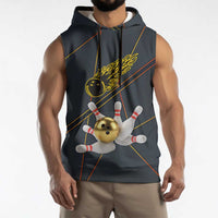 Custom Golden Bowling Shirts For Men, Flame Bowling Sleeveless Hoodie with Flaming Bowling Ball Striking Pins And Geometric Line Pattern - Wonder Print Shop